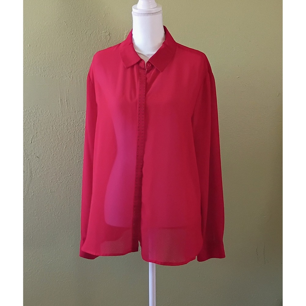 Americana Cherry Red Studded Hidden Button CBK Effect  Long Sleeve Blouse XL